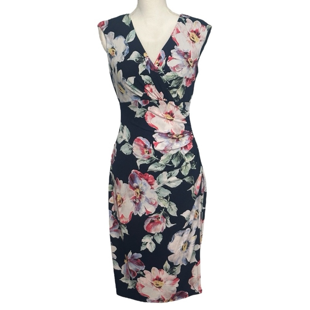 Connected Apparel Floral Bodycon Midi Sleeveless Wrap Dress NWT